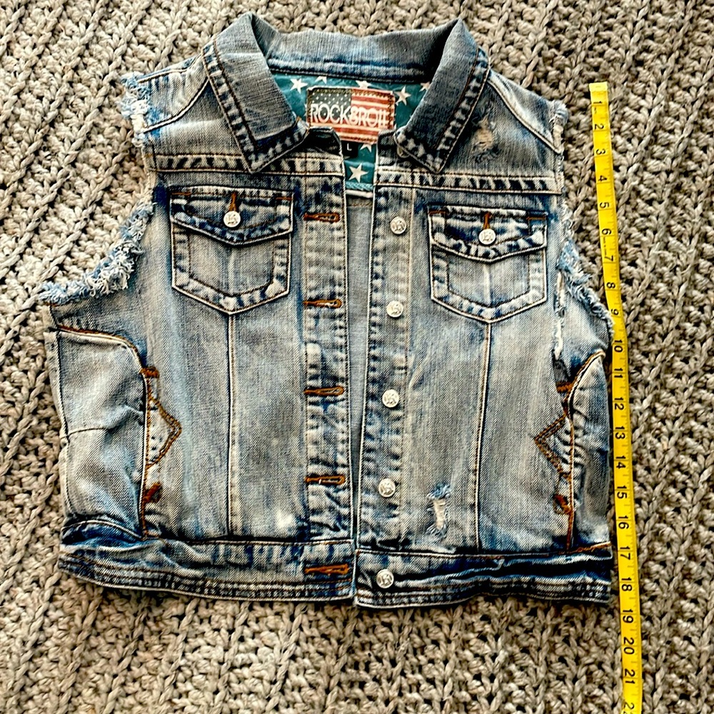 Rock and Roll Cowgirl distressed denim vest, size L